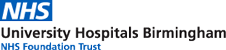 Classic NHS logo; white text on light blue background with added strapline for UHBFT